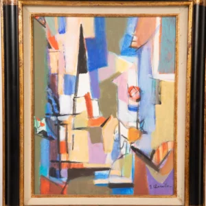 Peinture abstraire contemporaine « Le clocher noir, île de Ré », une huile sur toile signée par le peintre français Jean Chevolleau en 1991